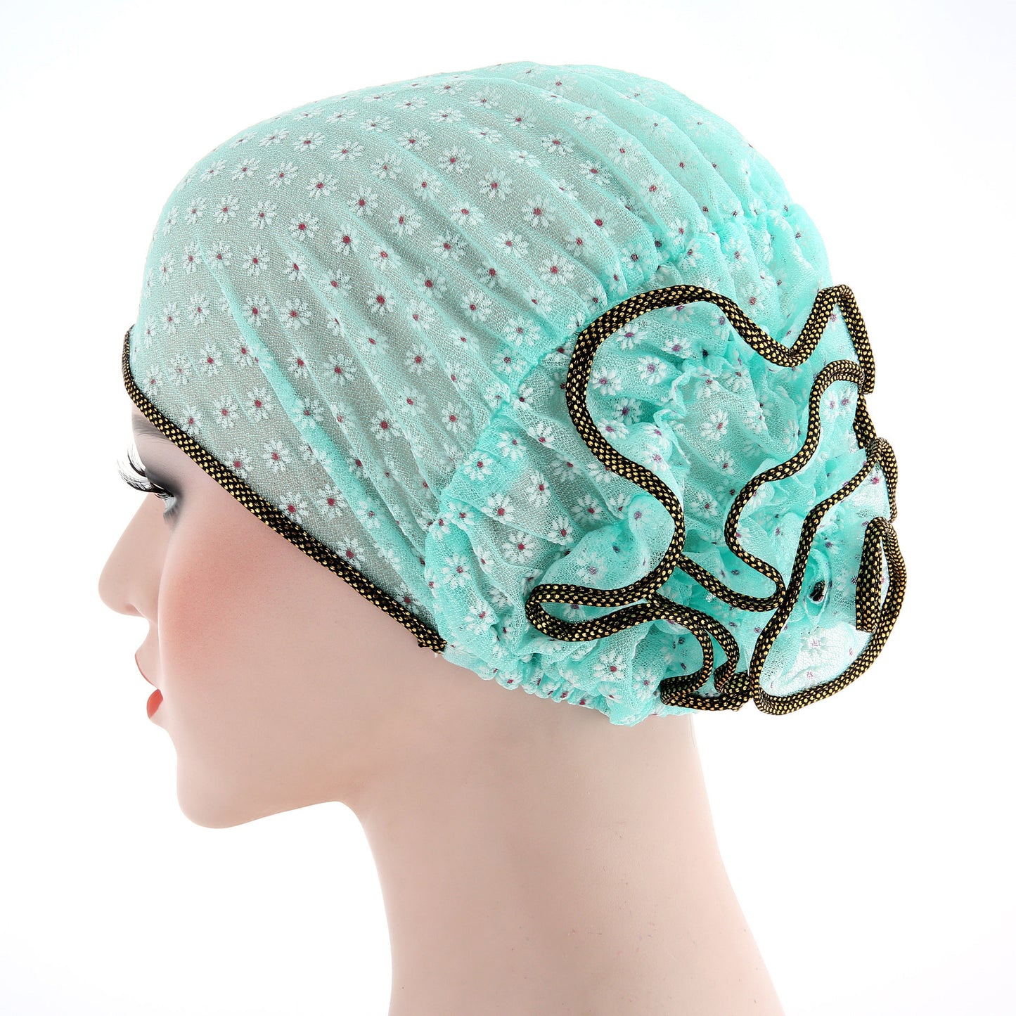 Fashionable Two-Tone Floral Cap and Headscarf Set