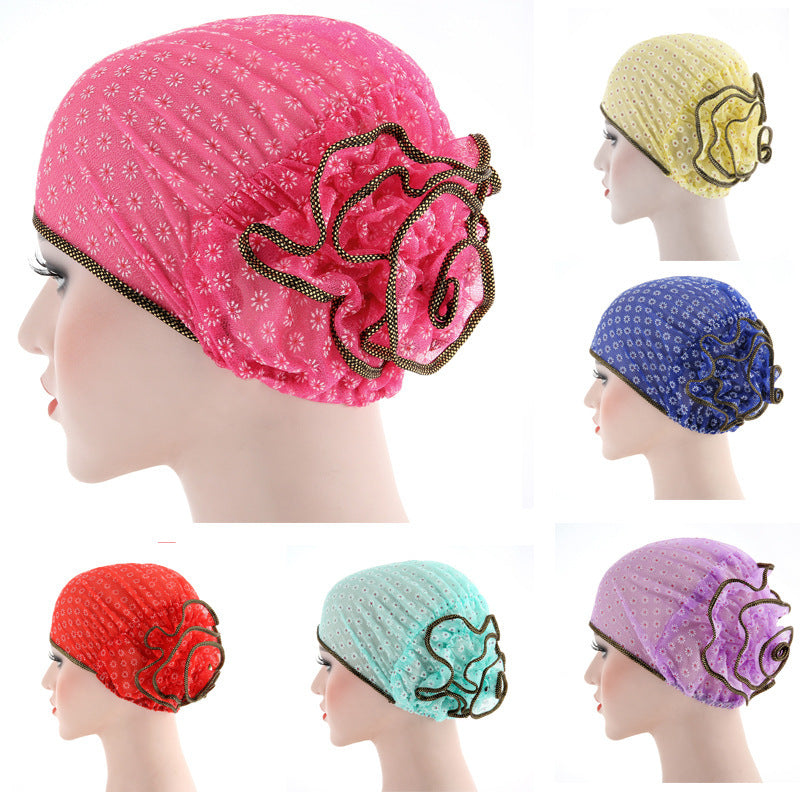 Fashionable Two-Tone Floral Cap and Headscarf Set