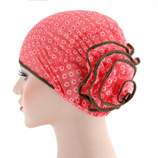 Fashionable Two-Tone Floral Cap and Headscarf Set