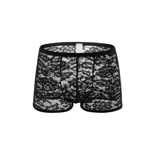 Men's Sexy Lace Pattern Mesh Black Thong Briefs