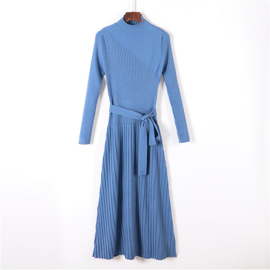 Knee-Length European Style Knit Dress with Bow Tie